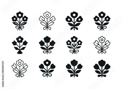 Bridal Shower Decor Icons. DIY decorations for bridal showers. Icon set. Set Logo of DIY decorations for bridal showers: bouquet silhouette. harmonious logo