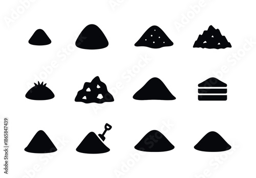 Mound Icons Grid. Mound. Solid icon set of Mound: small mound, large mound, sand mound, dirt pile, grassy mound, rocky mound, hill silhouette, layered soil