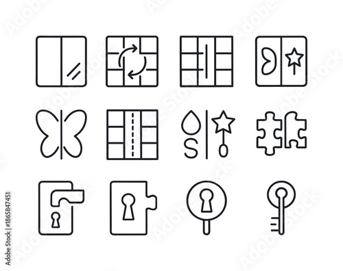 Reflection Puzzle Icons. Reflection puzzles. Line icon set of reflection puzzles: mirror tile, rotation puzzle, alignment puzzle, symmetry puzzle, reflection