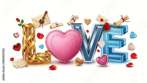 Romantic 'LOVE' display pink heart, golden ribbon 'L', blue letters, decorated with scrolls, love letters, rose petals, celebrating affection