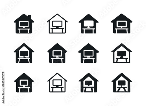 Home Office Icon Set. working from home. Icon set. Set Logo of working from home: home office setup with monitor. harmonious logo variations of the same