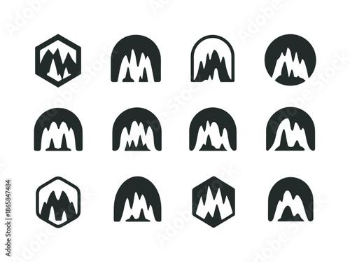 Cave Logo Variations. Cave. Icon set. Set Logo of Cave: stalactites and stalagmites. harmonious logo variations of the same emblematic concept, each with