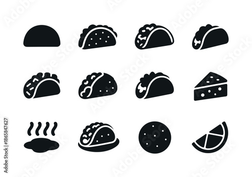 Taco Icon Set. Tacos. Solid icon set of Tacos: taco shell, taco with filling, soft taco, hard shell taco, beef taco, chicken taco, veggie taco, cheese topping,