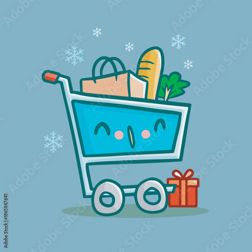 Shopping cart with food items inside.