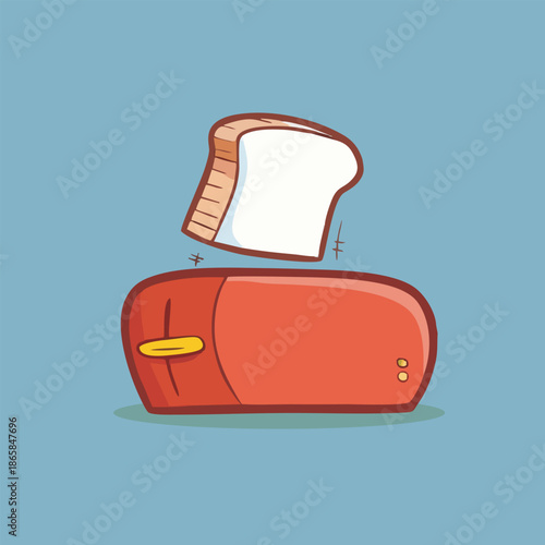 Red toaster with bread slice inside.