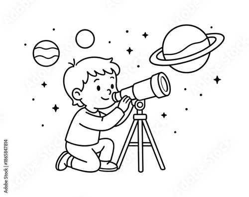 Stargazing Fun. Astronomy careers children?s coloring book illustration, outlined drawing, kid using a telescope to view simple planet outlines, educational