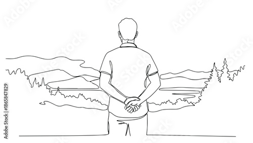 A person contemplates the vastness of nature from a viewpoint overlooking mountains and lakes, a moment of quiet reflection