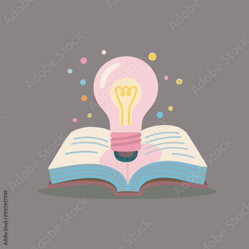Book with light bulb on open pages.
