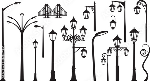 Collection of outdoor streetlight silhouettes. Vector lamp illustrations in different styles for urban and landscape design projects 