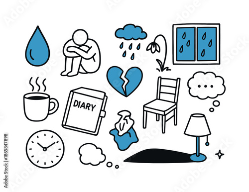 Melancholic Icons. Melancholy. Hand-drawn doodle illustration melancholy [tear drop icon (accented), curled-up figure outline, small rain cloud (accented),