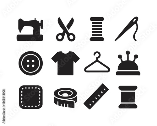 Handmade Fashion Icons. Handmade fashion. Solid icon set of Handmade fashion: sewing machine, scissors, thread, needle, button, t-shirt, hanger, pin cushion,