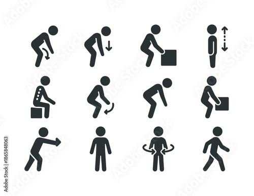 Body Mechanics Icons. Body mechanics alignment. Solid icon set of body mechanics alignment: hinge motion icon, bending technique, lifting technique, torso