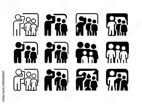 Family Vacation Icons. taking a family vacation photo. Icon set. Set Logo of taking a family vacation photo: family posing together. harmonious logo variations