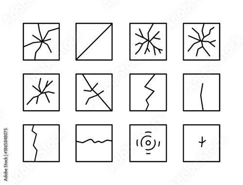 Cracked Window Icons. cracked windows. Line icon set of cracked windows: broken window outline, diagonal split, triple crack pattern, multi-line fracture,