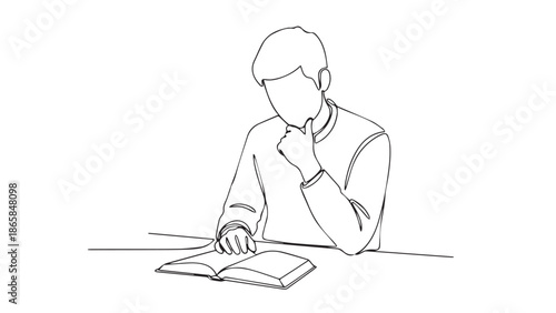 A student deeply engrossed in a book, contemplating the knowledge within, a single-line illustration