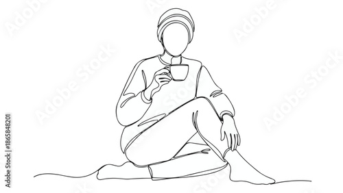 Minimalist continuous line art illustration depicting a person relaxing and drinking a warm beverage, ideal for themes of comfort, mindfulness, and quiet moments