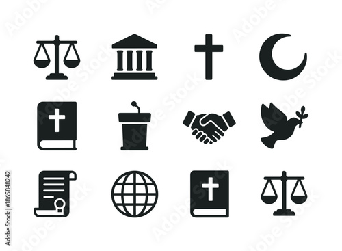 Religion in Governance Icons. The role of religion in politics and governance. Solid icon set of the role of religion in politics and governance: scales of