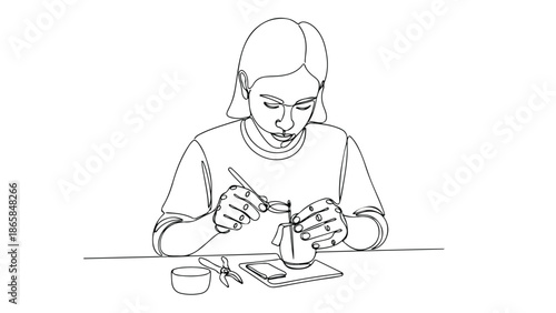 Focused Creative Crafting Detailed Line Art Illustration of a Person Meticulously Shaping a Handmade Object with Tools
