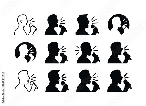 Vocalist Logo Variations. Vocalist singing. Icon set. Set Logo of vocalist singing: vocal projection sound burst. harmonious logo variations of the same