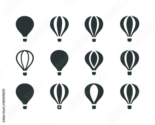 Hot Air Balloon Logos. hot air balloons. Icon set. Set Logo of hot air balloons: balloon with hanging basket. harmonious logo variations of the same emblematic