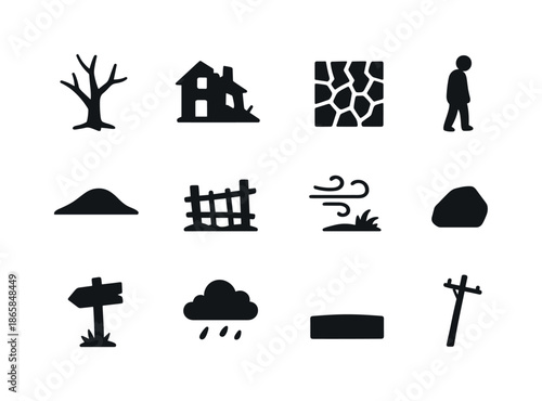Bleak Icons Set. Bleak scenery. Solid icon set of Bleak scenery: barren tree, ruined house, dry soil cracks, lone figure, distant hill, abandoned fence, harsh
