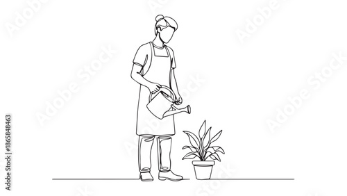 Minimalist continuous line art illustration depicting a person, a dedicated gardener, gently watering a vibrant potted plant, emphasizing care and domestic gardening