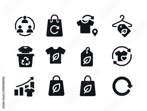 Circular Fashion Icons. Circular fashion business. Solid icon set of Circular fashion business: circular business model, return policy icon, reuse strategy