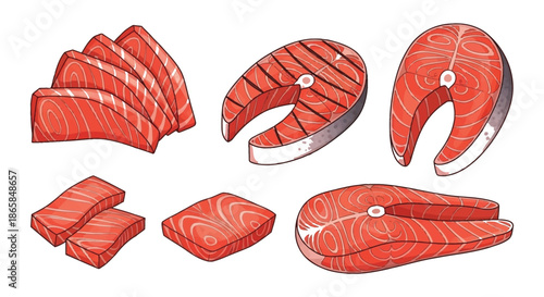 Illustration of fresh salmon knife and prepared salmon slices on a plate