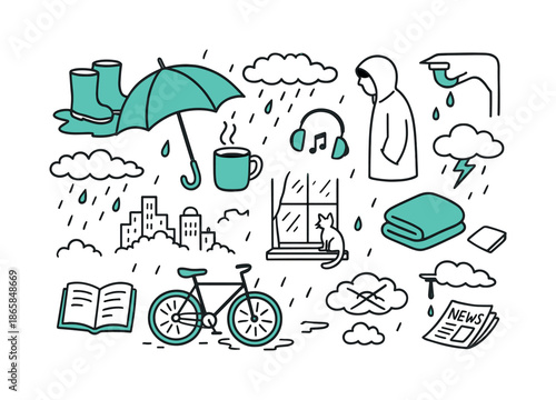 Rainy Day Icons. Rainy day mood. Hand-drawn doodle illustration rainy day mood [large umbrella (accented), boots in a puddle, city skyline under clouds,