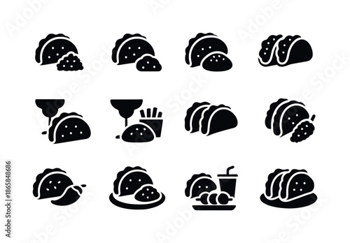 Taco Combo Icons. Taco combos. Solid icon set of Taco combos: taco with rice, taco and beans, taco trio plate, taco and margarita, taco combo meal, two tacos
