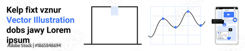 Data analysis, statistics, mobile UX design, user interface, technology integration, information processing. Line graph with data points, grid chart and mobile layout. Data analysis and statistics