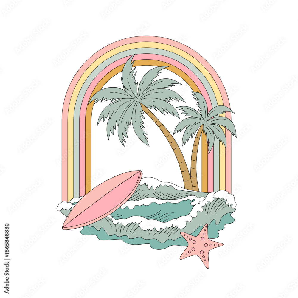 Fototapeta premium Surfer Rainbow Illustration with Palm Trees, Ocean Waves and Surfboard in Pastel Beach Aesthetic Style