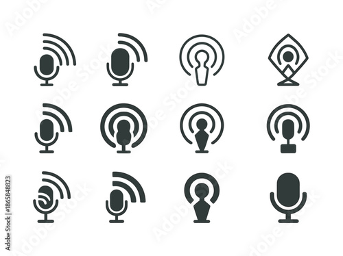 Podcast Logo Variations. The rise of podcasts and their cultural impact. Icon set. Set Logo of The rise of podcasts and their cultural impact: rss feed icon.