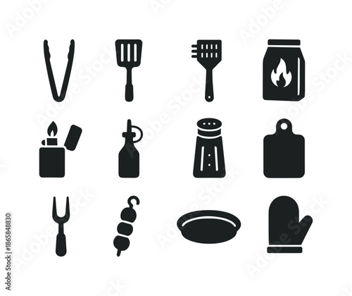 BBQ Essentials Icons. BBQ supplies. Solid icon set of BBQ supplies: tongs, spatula, grill brush, charcoal bag, lighter, oil bottle, seasoning shaker, cutting