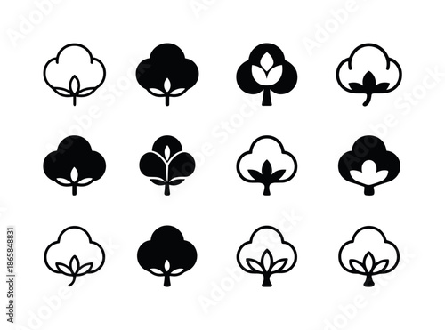 Natural Fibers Icons. Natural Fibers. Icon set. Set Logo of Natural Fibers: cotton boll. harmonious logo variations of the same emblematic concept, each with