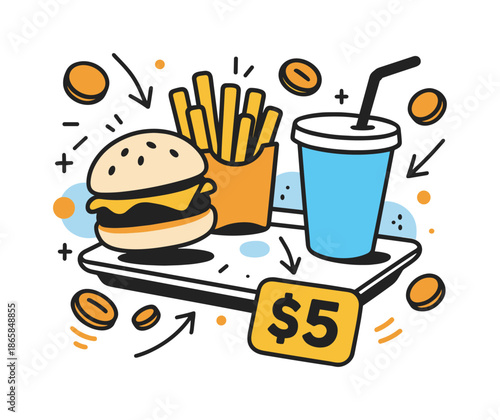 Classic Combo Delight. Fast Food Combo Deal. A classic burger, fries, and drink are centered in a playful layout with a bold floating price tag and abstract