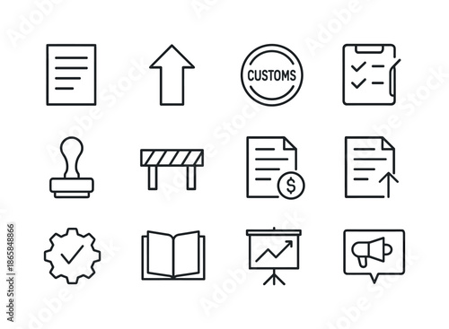 Tariff Regulation Icons. Tariffs and regulations. Line icon set of Tariffs and regulations: tax sheet, tariff arrow, customs seal, inspection checklist,