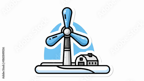 A stylized illustration depicts a wind turbine beside a small, modern building under a pale blue sky