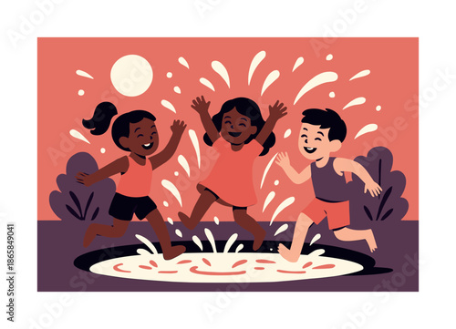 Joyful Fountain Play. Water play. Children splash in a shallow fountain, droplets sparkling as they jump and laugh under warm sunlight. Refreshing, lively