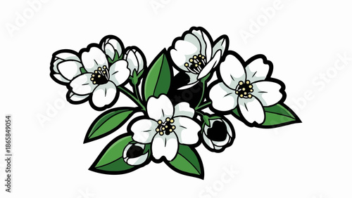 A stylized illustration of a branch with white flowers and green leaves