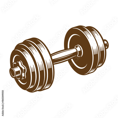 Vintage Brown dumbbell weight with metal handle and round plates fitness equipment for exercise and workout routine at gym