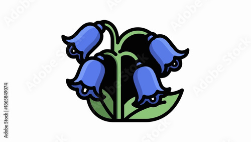 A stylized illustration of a cluster of vibrant blue bell-shaped flowers with green stems and leaves