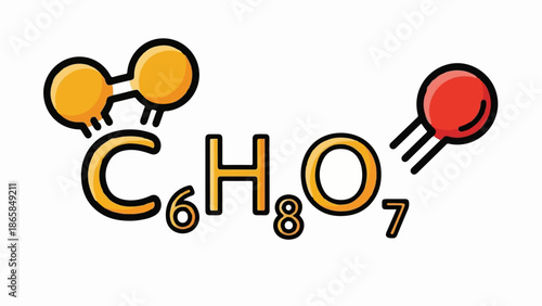 A stylized chemical formula for citric acid, C6H8O7, illustrated with colorful atoms