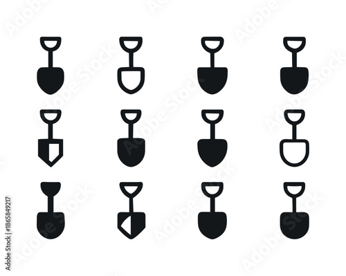 Sandbox Shovel Icons. Sandbox shovel. Icon set. Set Logo of sandbox shovel: scoop silhouette. harmonious logo variations of the same emblematic concept, each