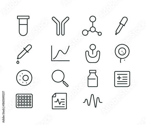 Clinical Biomarkers Icons. Clinical biomarkers. Line icon set of clinical biomarkers: test tube, protein symbol, molecular marker, dropper pipette, chart icon,