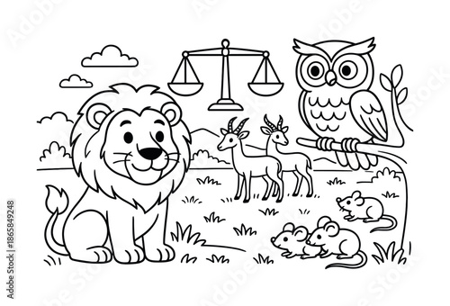 Nature's Balance Coloring Page. Predators keeping balance in nature children?s coloring book illustration, outlined drawing, friendly lion and owl watching