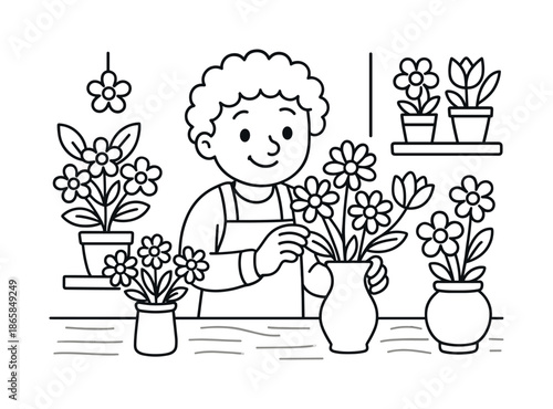 Happy Florist Coloring Page. Flower shop owner behind counter children?s coloring book illustration, outlined drawing, happy florist arranging simple cartoon