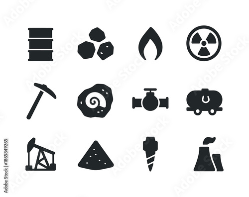 Non-Renewable Icons Collection. Non-renewable resources. Solid icon set of Non-renewable resources: oil barrel, coal, gas flame, uranium icon, mining pickaxe,