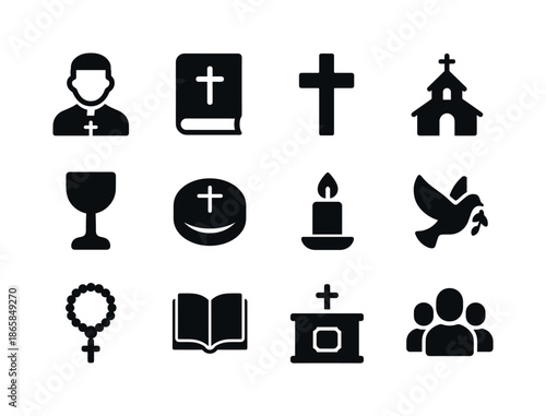 Religious Symbols Grid. Religious Service. Solid icon set of Religious Service: priest, bible, cross, church, chalice, bread, candle, dove, rosary, book,