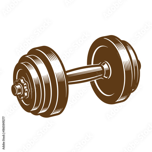 Vintage Brown dumbbell with multiple weights on either side of a central bar for strength training and exercise